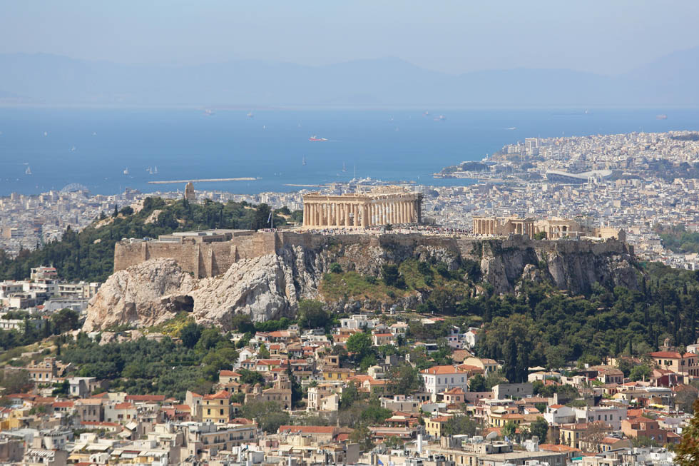Sunny skies over Athens Greece and the Saronic Gulf with the Acropolis in view
